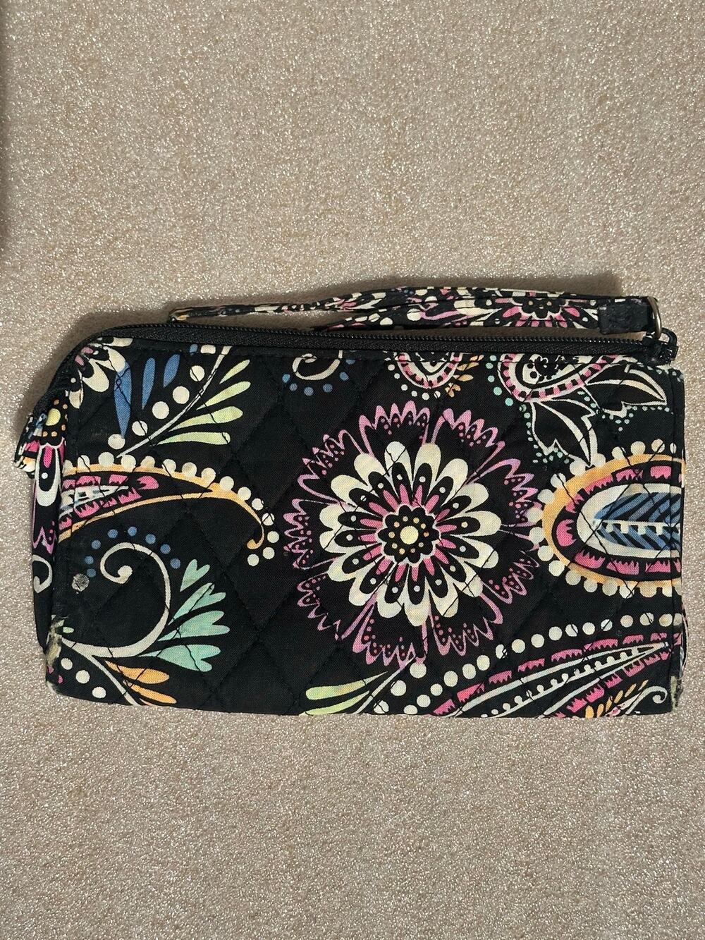 Vera Bradley Floral Paisley Quilted Wristlet Wallet Clutch Black Multicolor